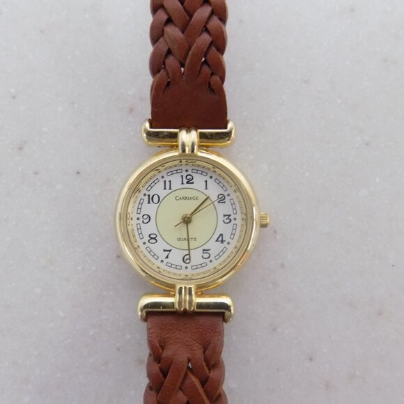 Gold and Brown leather braided strap ladies watch - Picture 1 of 5